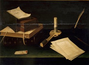 Lubin Bauginin (1610-1663) kirjojen asetelma, höyhen-, kirje- ja kynttilämaalaus 1600-luvun Rooma Galleria Spada