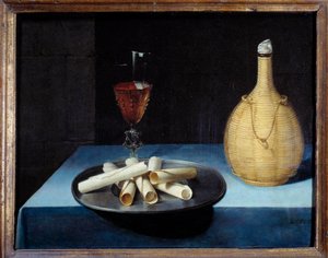 Asetelma-vohvelijälkiruoka keksistä, viinipullosta ja lasista. Lubin Bauginin (1612-1663) maalaus 1600-luvun su. 0,41x0,52 m.