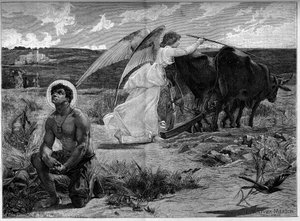 Pyhä Isidore, kyntäjien suojelija. Enkeli auttaa Pyhää Isidoria kyntämään peltoa auralla. 1800-luvulla. Kaiverrus Luc Olivier Mersonin (1846-1920) maalauksen jälkeen. "" The Illustrous World" -julkaisussa nro 1294 21. tammikuuta