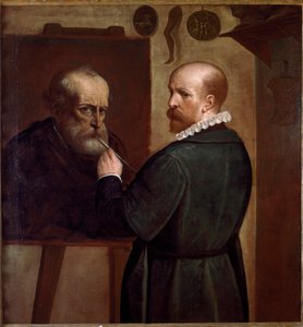 Isänsä muotokuvan tekevän taiteilijan omakuva Luca Cambiason (1527-1585) maalaus 1570 noin. Aurinko. 104x97 cm Genes, Musei di Strada Nuova