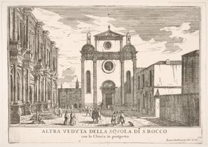 Levy 38: Näkymä St. Rochin kirkon julkisivusta ja vasemmalla Schoo...n julkisivusta, 1703. tekijältä Luca Carlevarijs
