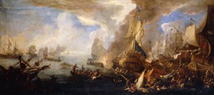 Meritaistelu sardinialaisten ja venetsialaisten sotalaivojen sekä sardinialaisten ja egyptiläisten(?) keittiöiden kanssa etualalla,