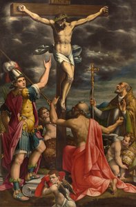 San Fermon alttari, ristiinnaulitseminen pyhien Fermo Jeromen ja paavi Gregorius XIV:n kanssa, Luca Cattapane 1593 tekijältä Luca Cattapane