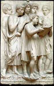 La cantoria eli lapset laulavat kuorossa - Marmorireliefi (korkeus 348 cm), kirjoittanut Luca della Robbia (n. 1400-1482)