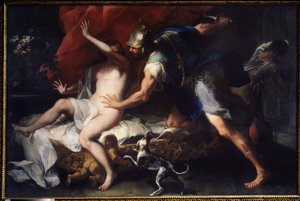 (Tarquinius ja Lucretia) Lucrecen (Lucrezia, Lucretia, roomalainen nainen) raiskaus, serkkunsa Sextus Tarquinin, Tarquin Superbin pojan, väkivallan uhri. Luca Giordanon (1632-1705) maalaus 1600-luvun valtion taidemuseo, Tula, Venäjä
