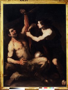 ""Apollo ja Marsyas"" Apollo voitettuaan haasteen Marsyasta vastaan ​​on nyljettävä hänet ja heitetty sitten luolaan. Luca Giordanon (1632-1705) maalaus noin vuodelta 1650. Manerismi. Pushkin-museo, Moskova tekijältä Luca Giordano