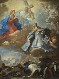 Pyhä Januarius rukoilee Neitsyt Mariaa, Kristusta ja Isä Jumalaa ruton uhrien puolesta, tekijältä Luca Giordano