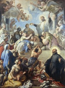 Pyhä Franciscus Xavier kastaa intiaanit, Luca Giordano (1634-1705), öljy kankaalle, 421x315 cm tekijältä Luca Giordano