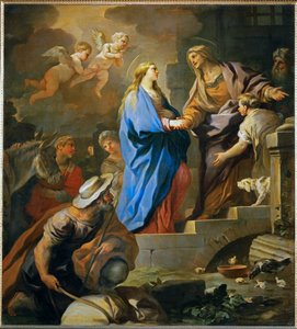Vierailu. Pyhä Maria vierailee Elisabethin, Sakariuksen vaimon ja Johannes Kastajan äidin luona (maalaus kankaalle). tekijältä Luca Giordano