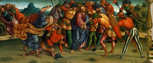 Kristuksen vangitseminen, yksityiskohta Luca Signorellin (1441-50 - 1523) teoksesta Valitus kuolleesta Kristuksesta, tempera puulle, 270x240 cm tekijältä Luca Signorelli