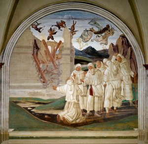 Pyhän Benedictuksen elämä: ""Kuinka Jumala rankaisee Florentia"" Munkki kertoo pyhälle, että Florent (Fiorenzo) kuoli haudattuina demonien ampuman talonsa purkamisen alle. Luca Signorellin fresko (n. 1445-1523) tekijältä Luca Signorelli