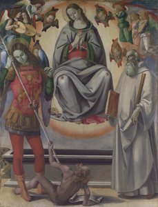 Neitsyt taivaaseenastuminen pyhien Mikaelin ja Benedictuksen kanssa, n. 1493-96. tekijältä Luca Signorelli