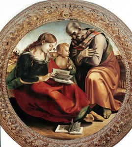 Pyhä perhe. Luca Signorellin (1450-1523) maalaus, noin 1495. Tondo. Öljy kankaalle. Halkaisija: 124 cm. Firenze, Uffizi-galleria (Firenze, Uffizi-museo) tekijältä Luca Signorelli
