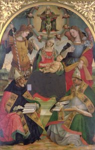 Kolminaisuus, Madonna ja lapsi, enkelit ja pyhimykset, noin 1505-08 (öljy paneelille). tekijältä Luca Signorelli