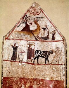 Härkä johtaa uhrausalttarille Lucanian freskon 4. vuosisadalta eKr. Andriuolo-hautausmaa Paestumista Italiasta. Museo nazionale archeologico, Paestum