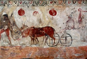 Laumanvartija ja kaksi aasia Lucanian fresko 4. vuosisadalta eKr. Paestumin hautausmaalta Italiasta. Museo nazionale archeologico, Paestum