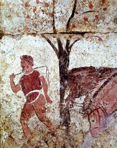 Talonpoika vetää kahta hevosta Lucanian fresko 4. vuosisadalta eKr. Paestumin hautausmaalta Italiasta. Museo nazionale archeologico, Paestum