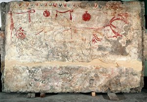 Lucanian nelijalkainen fresko 4. vuosisadalta eKr. Paestumin hautausmaalta Italiasta. Kansallinen arkeologinen museo, Paestum