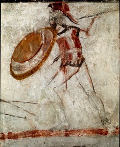 Soturi keihään ja kilven kanssa Lucanian fresko 4. vuosisadalta eKr. Ratsumiehen haudalta, Paestumin paikalla Italiassa. Museo nazionale archeologico, Paestum