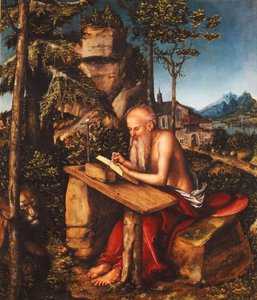 Saint Jerome kirjoittamassa kalliomaisemassa, n. 1515 tekijältä Lucas Cranach
