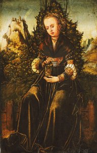 Pyhä Maria Magdaleena istuu ruohoisella reunalla vuoristoisessa maisemassa, tekijältä Lucas Cranach
