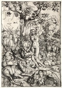 Aadam ja Eeva paratiisissa, 1509. tekijältä Lucas Cranach the Elder