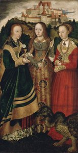Alttaritaulu Pyhän Katariinan marttyyrikuolemalla, oikea siipi: Pyhä Barbara, Ursula ja Margaret tekijältä Lucas Cranach the Elder