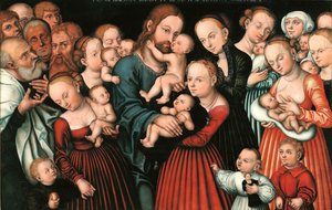 Saksa: Christus segnet die Kinder Kristus siunaa lapset. tekijältä Lucas Cranach the Elder