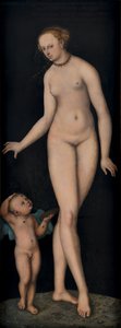Saksa: Venus mit Amor als Honigdieb vor schwarzem Grund Venus ja Amor hunajavarkaana mustaa taustaa vasten. tekijältä Lucas Cranach the Elder