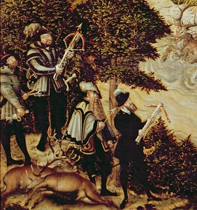 Johann Friedrich Suuri, Saksin vaaliruhtinas ja keisari Kaarle V metsästämässä peuroja lähellä Hartenfelsin linnaa, Torgau, 1544 (38682:n yksityiskohta) tekijältä Lucas Cranach the Elder