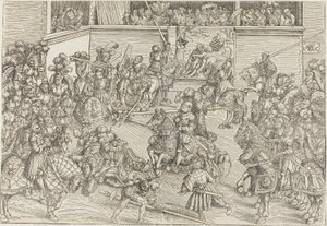 Toinen turnaus, jossa on seinävaatekangas, jossa on Simson ja leijona. tekijältä Lucas Cranach the Elder