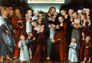 Saksa: Christus segnet die Kinder Kristus siunaa lapset. tekijältä Lucas Cranach the Younger