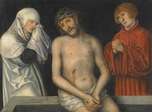 Saksa: Der Schmerzensmann zwischen Maria und Johannes Sureva mies Neitsyt Marian ja Johanneksen rinnalla. tekijältä Lucas Cranach the Younger