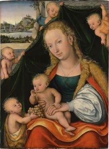 Saksa: Madonna und Kind mit dem Johannesknaben und Engeln Neitsyt ja lapsi sekä Johannes Kastajan lapsi ja enkelit. tekijältä Lucas Cranach the Younger