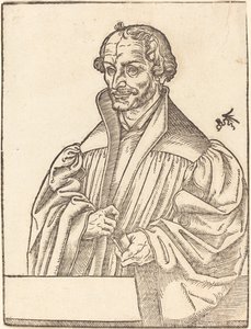 Philip Melanchton, puolipitkä vasemmalle, seisoo rintakehän takana tekijältä Lucas Cranach the Younger