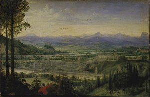 Näkymä Linziin taiteilijapiirroksen kanssa etualalla, 1593. tekijältä Lucas Valckenborch van