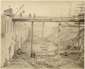Laajennetun Limehouse Basinin rakentaminen, Lontoo, toukokuu 1869 tekijältä Lucas and Tuck