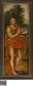 Johannes Kastaja (vasemmalla), lahjoittaja (oikealla), Vanitas (suljettu), Lucas de Heere, Gentin taidemuseo, S-101, avoin vasen paneeli.
