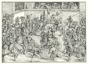 Turnaus Simsonin ja leijonan kuvakudoksella (kaiverrus) tekijältä Lucas the Elder (after) Cranach