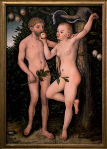 Aatami ja Eeva. Lucas Cranachin entisen maalaus (1472-1553), noin 1538. Flanderin taidetta 1500-luvulta. Kansallisgalleria, Sternbergin palatsi, Praha (Tšekki).