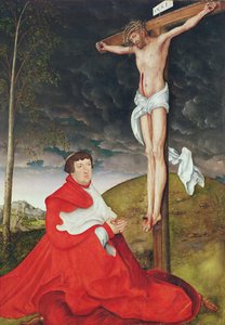 Albert, Mainzin vaaliruhtinaskunnan kardinaali Ristin juurella (öljy paneelissa) tekijältä Lucas the Elder Cranach