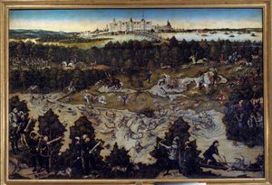 Metsästys Kaarle V:n kunniaksi Torgaun linnassa Saksassa Lucas Cranach vanhemman (1472-1553) maalaus 1544. Madrid. Musee Du Prado - Metsästys Kaarle V:n kunniaksi Torgaun linnassa Saksassa. Lucas Cranach vanhemman (1472-1553) maalaus 1544. P tekijältä Lucas the Elder Cranach