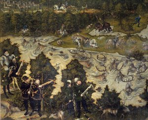 Metsästystä Kaarle V:n kunniaksi Torgaun linnassa Saksassa Keisari edustaa luultavasti vasemmalla. Yksityiskohta. Lucas Cranach vanhemman (1472-1553) maalaus. 16. vuosisata. Madrid. Pradon museo tekijältä Lucas the Elder Cranach