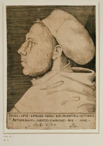 Martin Luther lääkärin lippalakki päässä. Kaiverrus ... (kaiverrus) tekijältä Lucas the Elder Cranach
