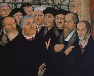 Martti Luther protestanttisen uskonpuhdistuksen edustajien kanssa, oikealla Melanchthon, keskellä Erasmus Rotterdamilainen, yksityiskohta Lasaruksen ylösnousemuksesta, Lucas Cranach Vanhin (1472-1553) maalaus