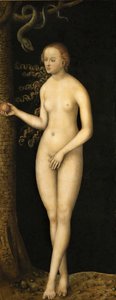 Renessanssi: Ihmisen lankeemus: Eve par Cranach, Lucas, vanhempi (1472-1553), noin 1510-1520. Öljy puulle tekijältä Lucas the Elder Cranach