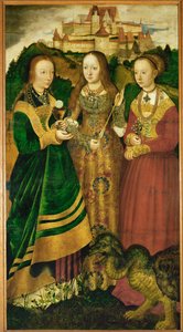 Pyhä Barbara, Pyhä Ursula ja Pyhä Margareta, yksityiskohta Pyhän Katariinan alttarista.