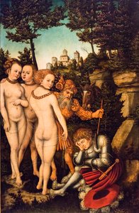 Pariisin tuomio, 1500-luvun 2. neljännes (tempera ja öljy punaiselle pyökkipuulle) tekijältä Lucas the Elder Cranach