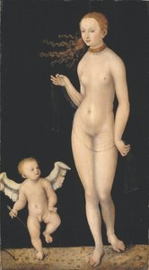 Venus et Cupidon - Venus ja Cupid, kirjoittanut Cranach, Lucas, vanhempi (1472-1553). Öljy puulle. Mitat: 90 x 49,5 cm. Tukholman kansallismuseo tekijältä Lucas the Elder Cranach