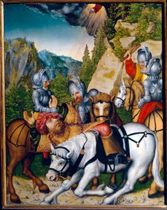 Käännös Damaskoksen tiellä (Syyria). (Kääntymys matkalla Damaskokseen). Pyhä Paavali (Saul) Tarsolainen (n. 8-n. 67). Lucas Cranach nuoremman maalaus (1515-1586), öljy puulle. saksalainen taide